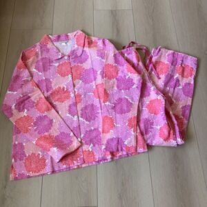 Garnet Hill Pajama Set Women's L Pink Purple Floral 100% Cotton Loungewear NWOT